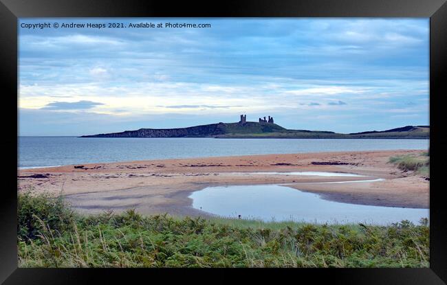 Dunstanburgh Castle viewed from beach. Framed Print by Andrew Heaps