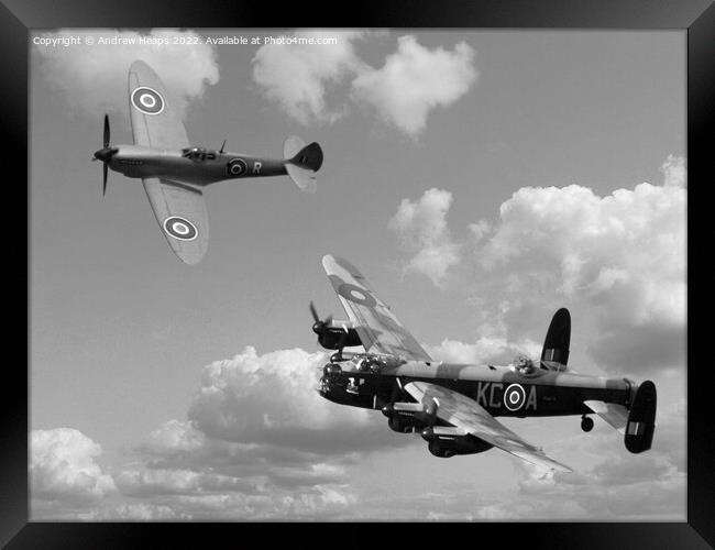 Lancaster bomber and blue spitfire in black & whit Framed Print by Andrew Heaps