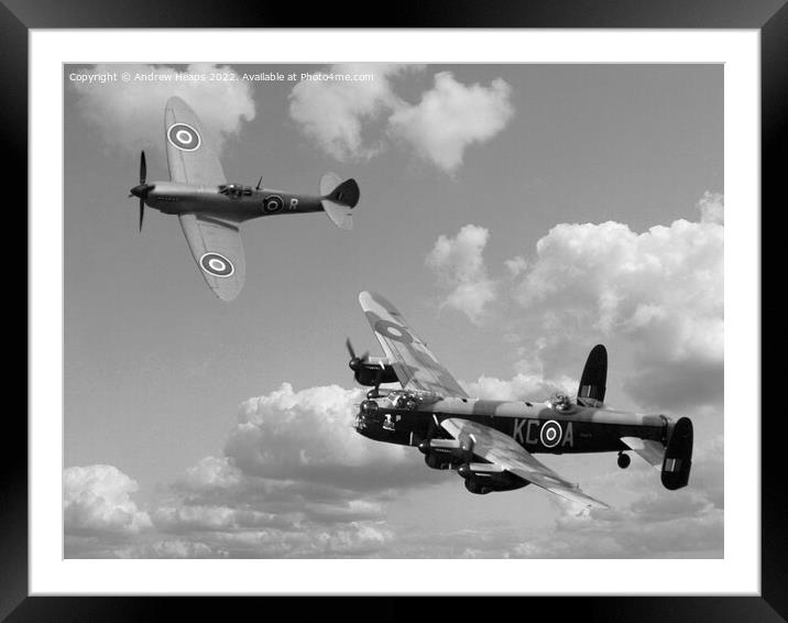 Lancaster bomber and blue spitfire in black & whit Framed Mounted Print by Andrew Heaps