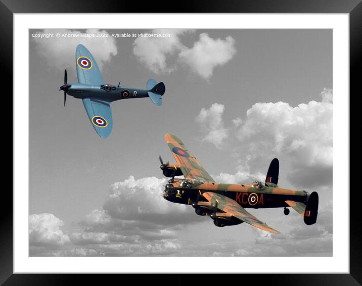 Lancaster bomber and blue spitfire Framed Mounted Print by Andrew Heaps