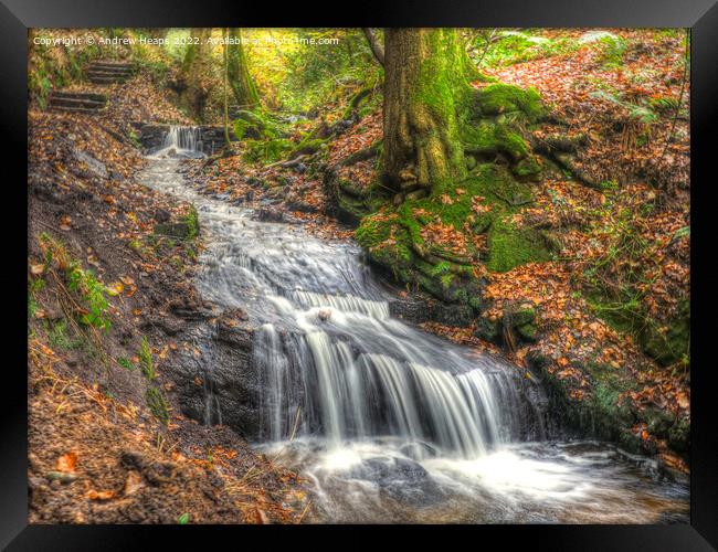 Autumnal waterfall in woodland. Framed Print by Andrew Heaps