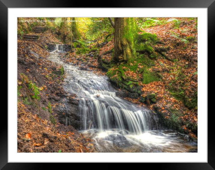 Autumnal waterfall in woodland. Framed Mounted Print by Andrew Heaps
