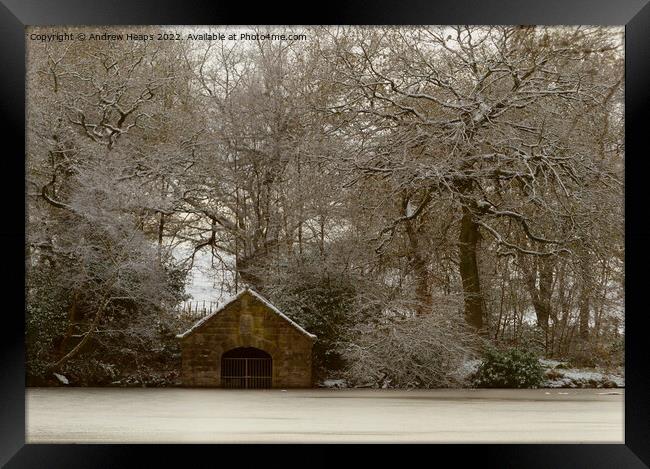 Old boathouse in frosty morning on Biddulph Countr Framed Print by Andrew Heaps
