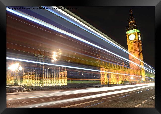 Big Ben in London light trails. Framed Print by Andrew Heaps