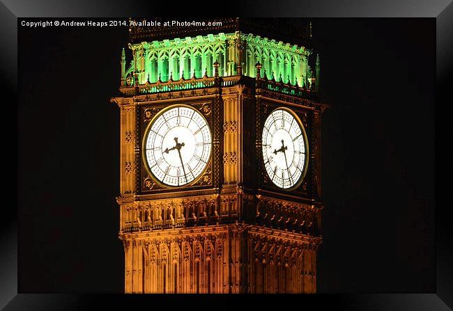 Majestic Big Ben Shimmers at Night Framed Print by Andrew Heaps