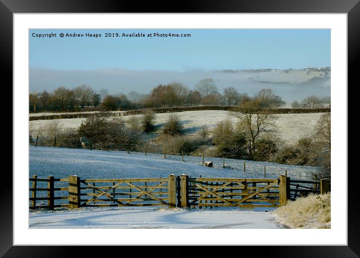 Snowy land scape  looking towards Mow cop castle  Framed Mounted Print by Andrew Heaps
