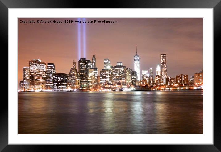 Manhattan river with New York City skyline Framed Mounted Print by Andrew Heaps