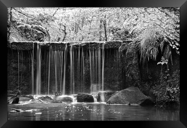 Black and white waterfall at Knypersley resrvoir Framed Print by Andrew Heaps