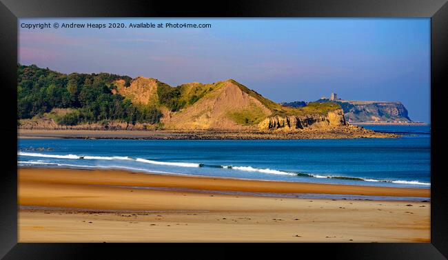 Scarborough castle from Cayton bay beach  Framed Print by Andrew Heaps