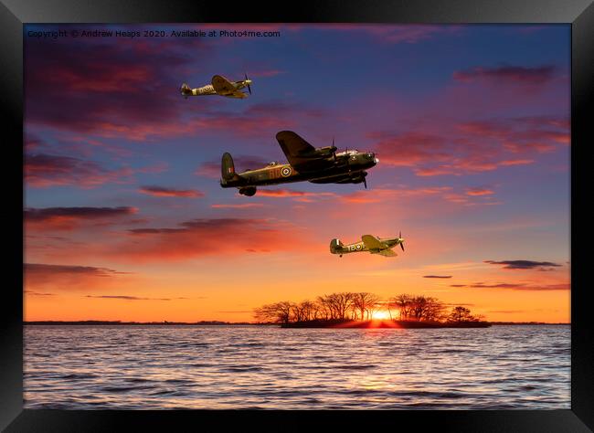 Spitfire and Lancaster bomber and Hurricane. Framed Print by Andrew Heaps
