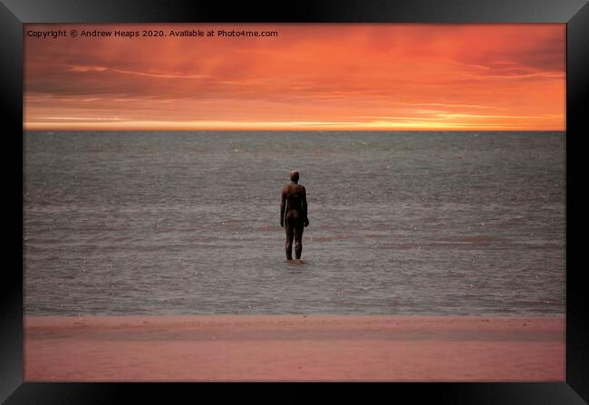 Statue on Crosby beach with a sunset Framed Print by Andrew Heaps