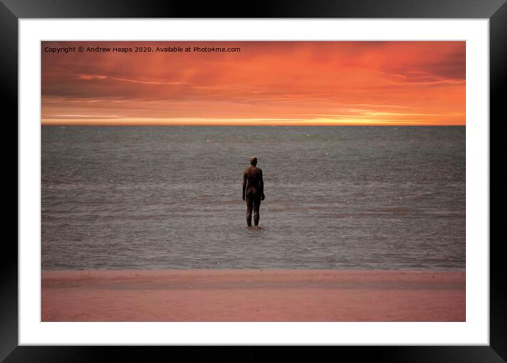 Statue on Crosby beach with a sunset Framed Mounted Print by Andrew Heaps
