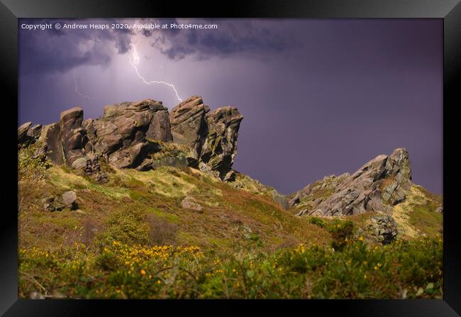 Thunder storm/lightning  over Roaches rocks Framed Print by Andrew Heaps