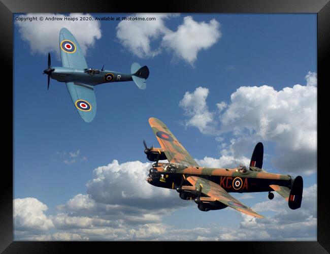 Blue spitfire and a Avro Lancaster Bomber Framed Print by Andrew Heaps