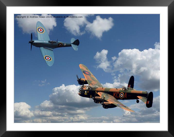 Blue spitfire and a Avro Lancaster Bomber Framed Mounted Print by Andrew Heaps