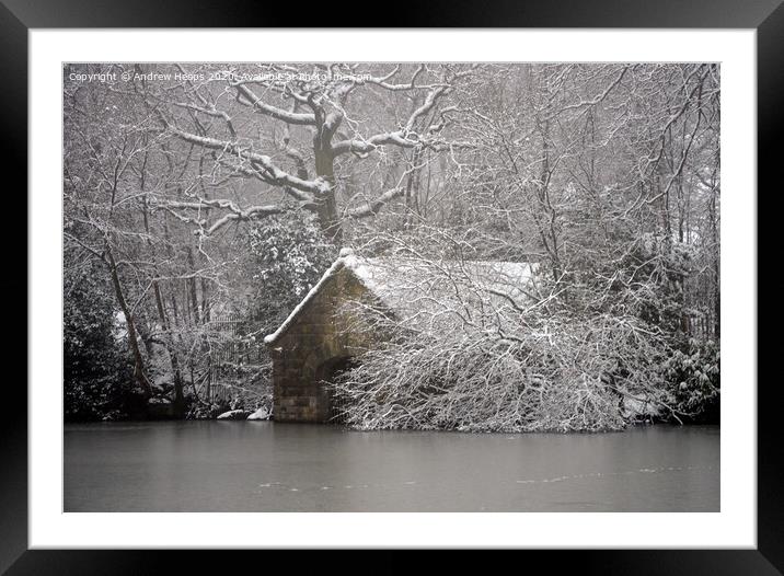 Winter scene boat house at Biddulph Grange Country Framed Mounted Print by Andrew Heaps