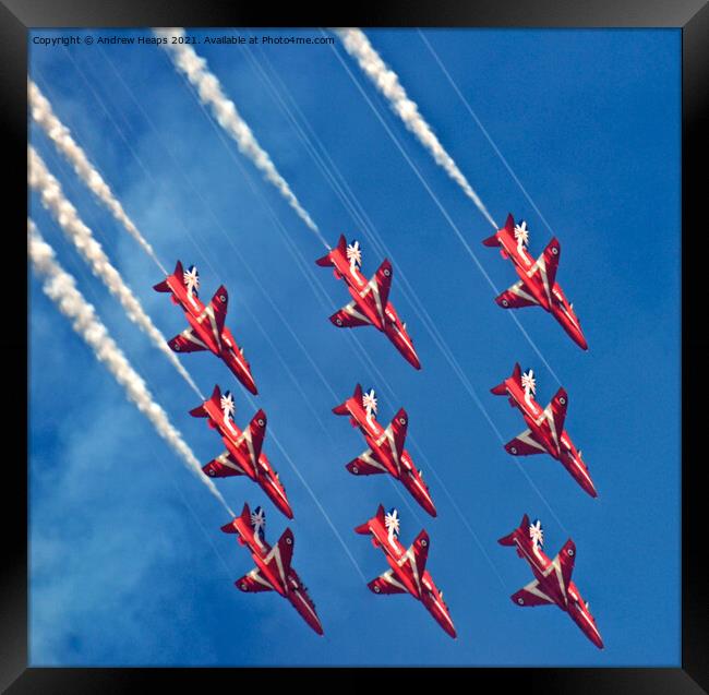 Red Arrows fighter jets flying through a blue sky Framed Print by Andrew Heaps