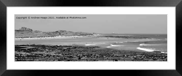 Rocky beach scene and waves on Beach near Dunstanburgh castle. Framed Mounted Print by Andrew Heaps