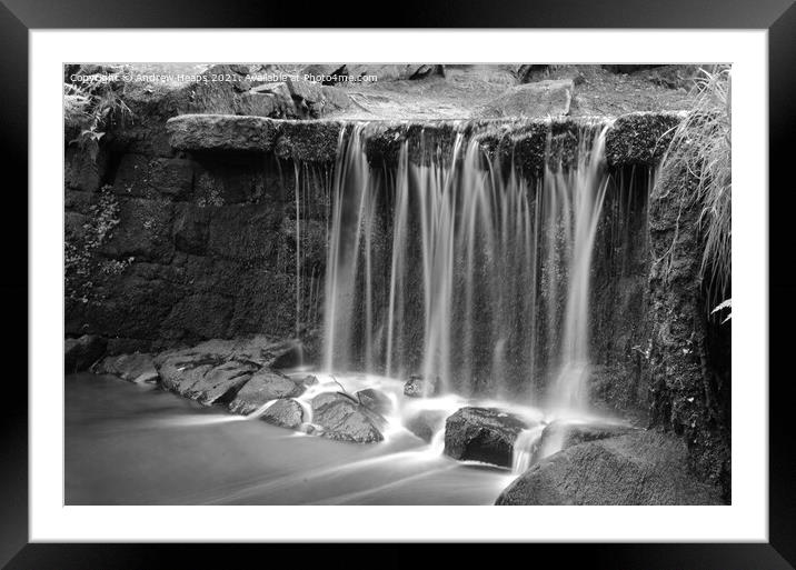Knypersley pool waterfall frosty water Framed Mounted Print by Andrew Heaps