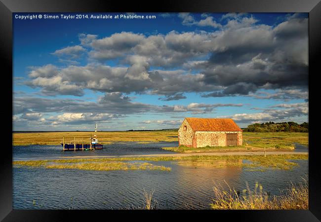  Thornham coal shed at high tide Framed Print by Simon Taylor