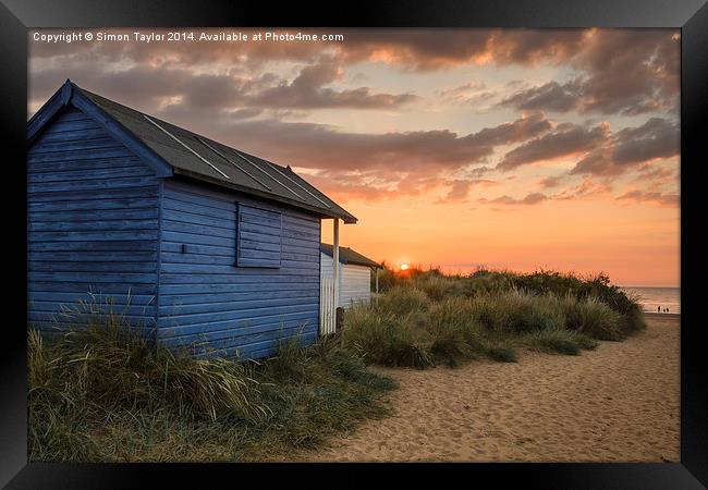 Beach hut sunset in the dunes Framed Print by Simon Taylor