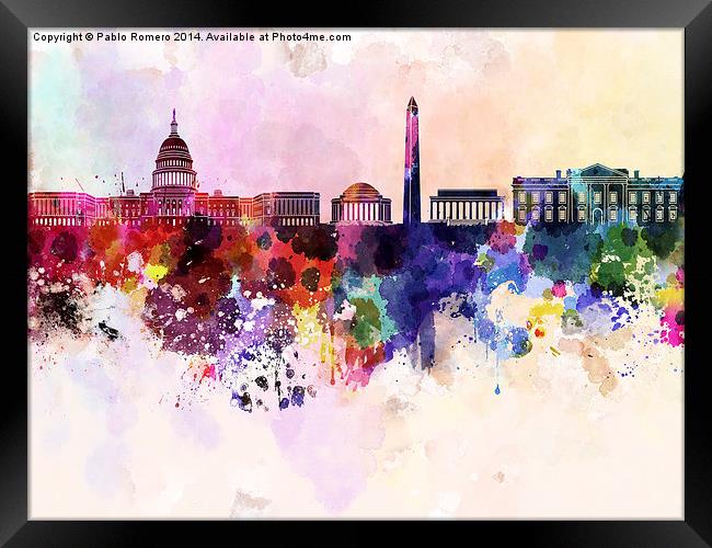 Washington DC skyline in watercolor background  Framed Print by Pablo Romero