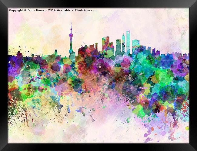 Shanghai skyline in watercolor background Framed Print by Pablo Romero