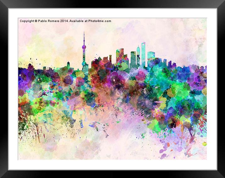 Shanghai skyline in watercolor background Framed Mounted Print by Pablo Romero