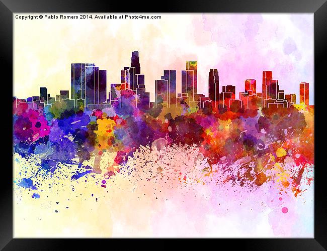 Los Angeles skyline in watercolor background Framed Print by Pablo Romero