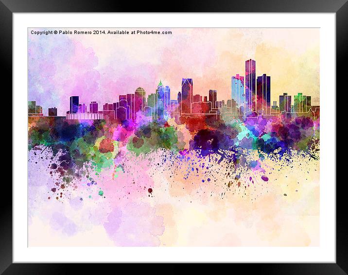 Detroit skyline in watercolor background Framed Mounted Print by Pablo Romero