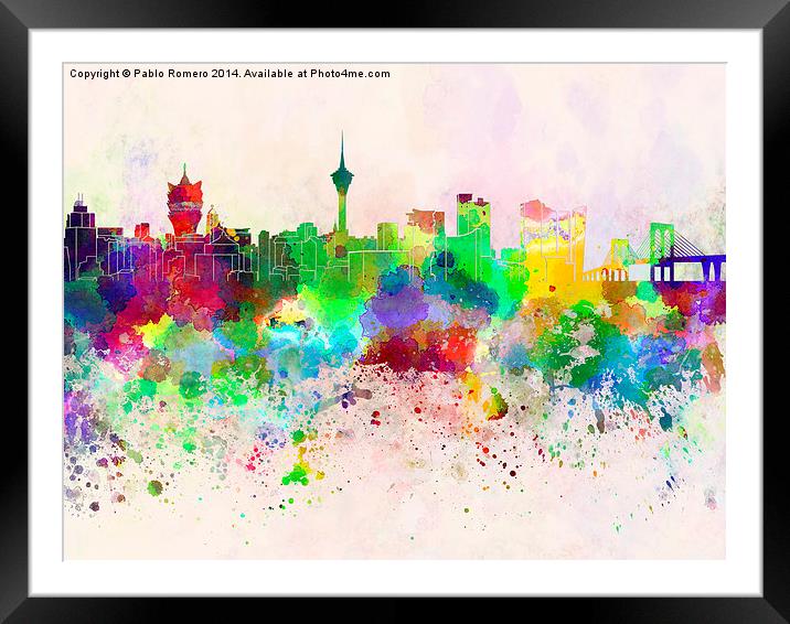 Macau skyline in watercolor background Framed Mounted Print by Pablo Romero