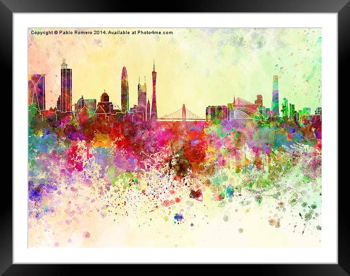 Guangzhou skyline in watercolor background Framed Mounted Print by Pablo Romero
