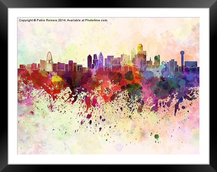 Dallas skyline in watercolor background Framed Mounted Print by Pablo Romero