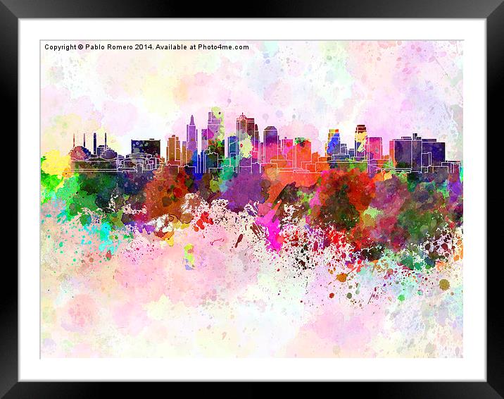 Kansas City skyline in watercolor background Framed Mounted Print by Pablo Romero