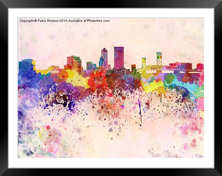 Jacksonville skyline in watercolor background Framed Mounted Print by Pablo Romero