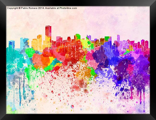 Miami skyline in watercolor background Framed Print by Pablo Romero