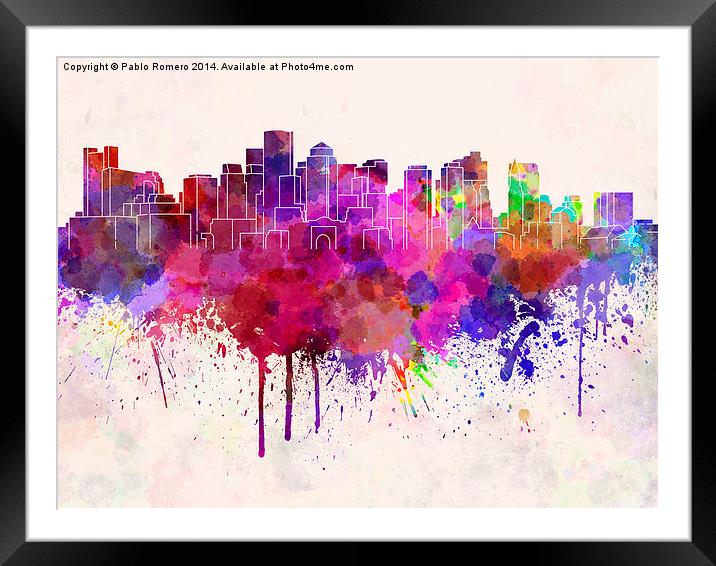 Boston skyline in watercolor background Framed Mounted Print by Pablo Romero