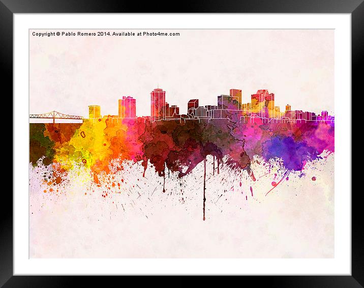 New Orleans skyline in watercolor background Framed Mounted Print by Pablo Romero