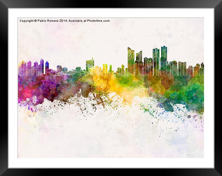 Busan skyline in watercolor background Framed Mounted Print by Pablo Romero