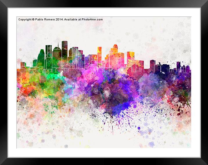 Houston skyline in watercolor background Framed Mounted Print by Pablo Romero
