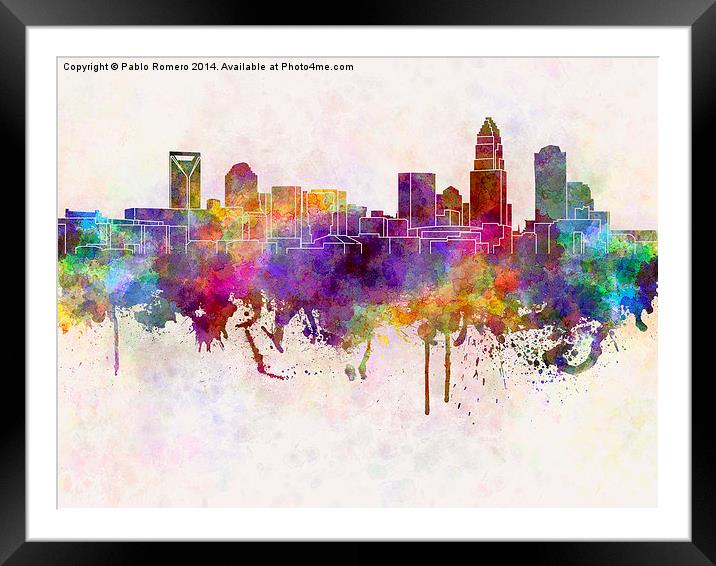 Charlotte skyline in watercolor background Framed Mounted Print by Pablo Romero