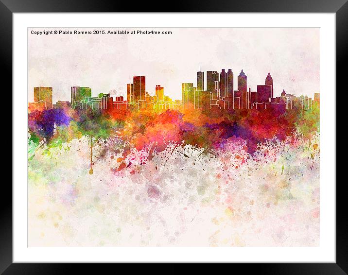 Atlanta skyline in watercolor background Framed Mounted Print by Pablo Romero