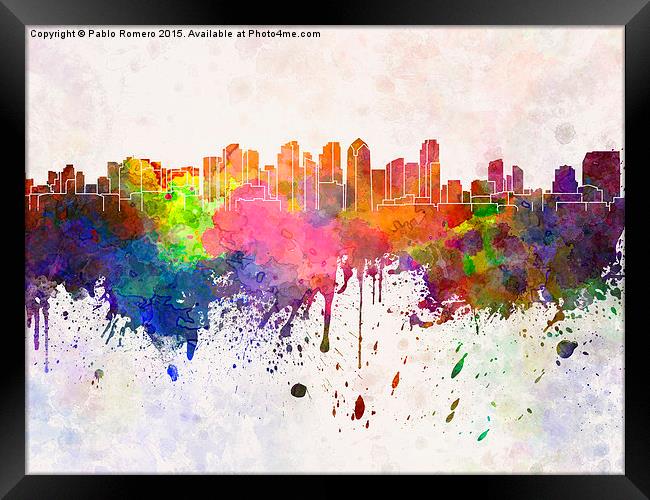 San Diego skyline in watercolor background Framed Print by Pablo Romero