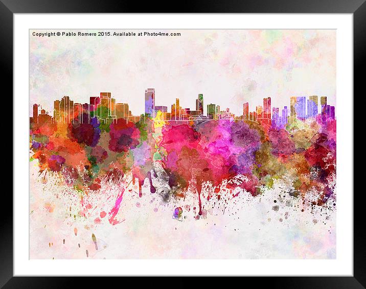 Honolulu skyline in watercolor background Framed Mounted Print by Pablo Romero