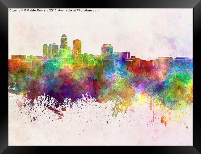 Des Moines skyline in watercolor background Framed Print by Pablo Romero