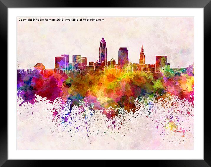 Cleveland skyline in watercolor background Framed Mounted Print by Pablo Romero