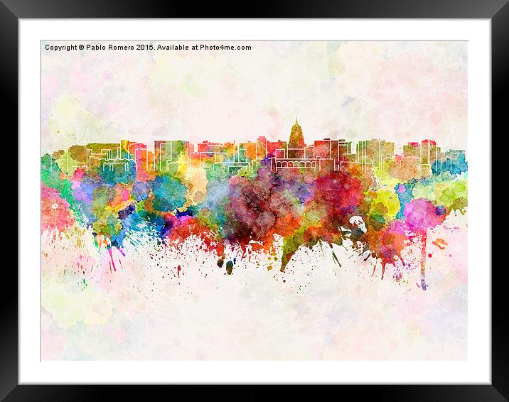 Madison skyline in watercolor background Framed Mounted Print by Pablo Romero