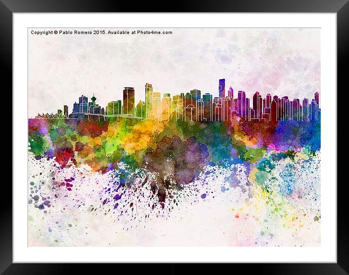 Vancouver skyline in watercolor background Framed Mounted Print by Pablo Romero
