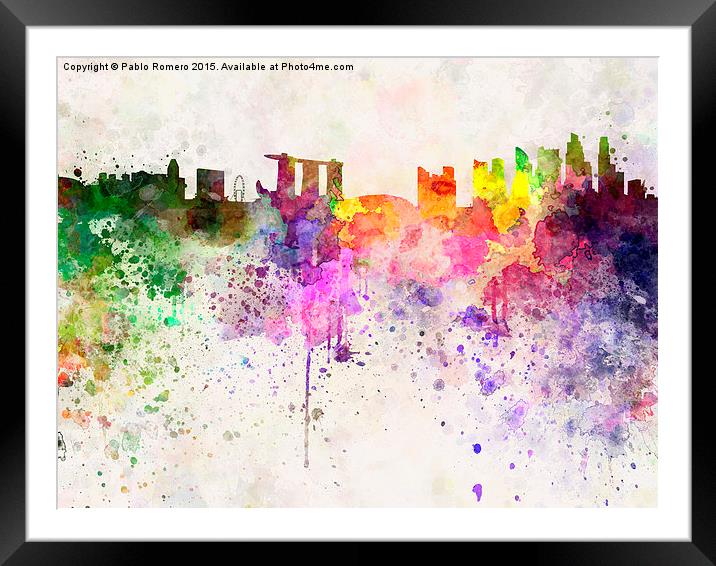  Singapore skyline in watercolor background Framed Mounted Print by Pablo Romero