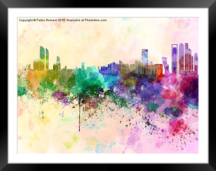 Abu Dhabi skyline in watercolor background Framed Mounted Print by Pablo Romero